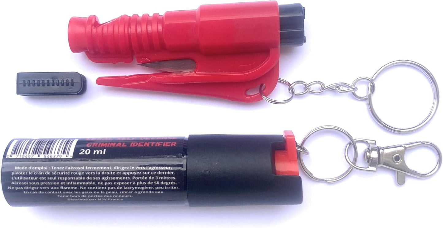 Spray de défense Anti agression Efficace, Pratique 100% légal Identifiant Criminel Anti Attaque, sécurité personnelle. Porte clé Format Sac à Main avec Brise vitre/sifflet/Coupe Ceinture