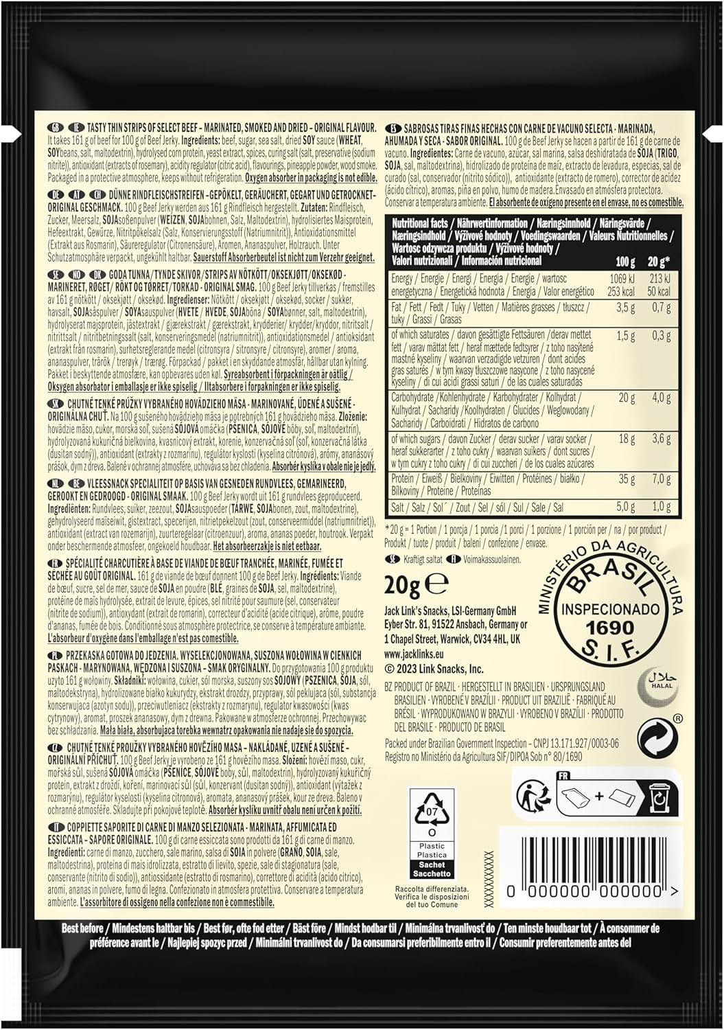 Jack Links Beef Jerky Original (12 x 60 g) - Viande séchée - Riche en protéine snack - Boeuf séché Jack Link's
