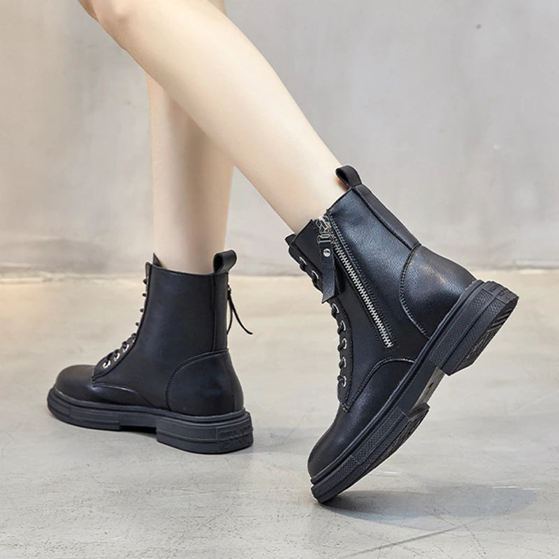 Bottines Femme en Cuir Véritable – Chaussures Chaudes à Lacets avec Semelle Plateforme – Style Motard Hiver/Automne – Pointure 35 à 43 - BLACKBEARD OUTDOOR INDUSTRIES