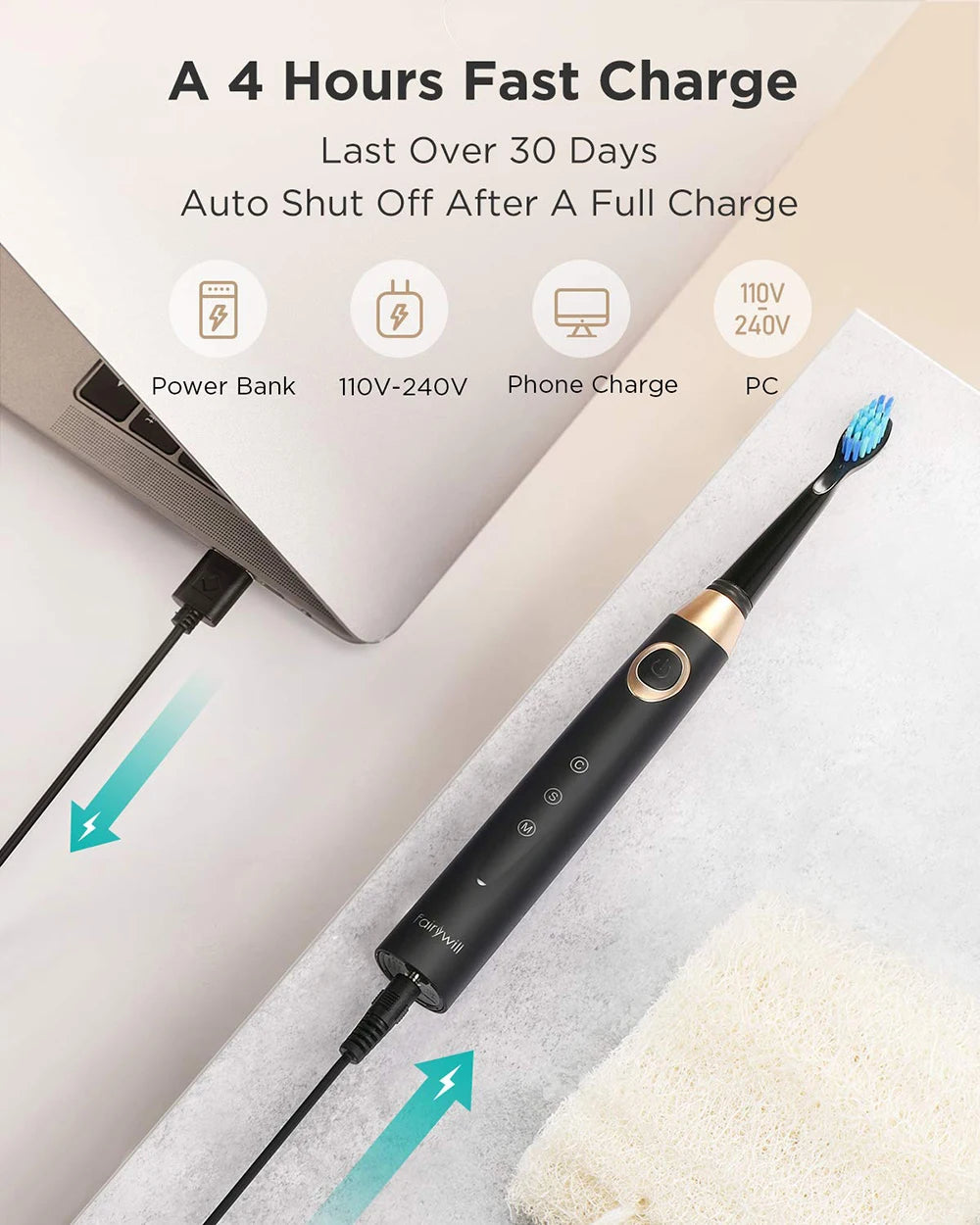 Brosse à dents électrique Fairywill FW-508 à ultrasons – Rechargeable, Minuteur, 5 Modes, Charge rapide, 8 têtes pour adultes - BLACKBEARD OUTDOOR INDUSTRIES
