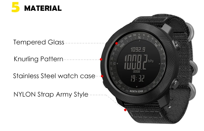 NORTH EDGE APACHE 3 Montre Digitale Sportive pour Homme - Altimètre, Baromètre, Boussole, Thermomètre, Résistante à l'Eau 50m BLACKBEARD OUTDOOR INDUSTRIES