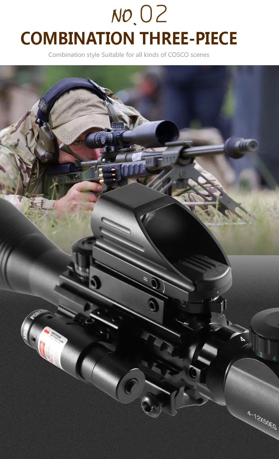Lunette de Tir 4-12x50 avec Réticule Télémétrique Illuminé + Viseur Holographique 4 Réticules + Laser Rouge/Vert - Rail 20mm - BLACKBEARD OUTDOOR INDUSTRIES