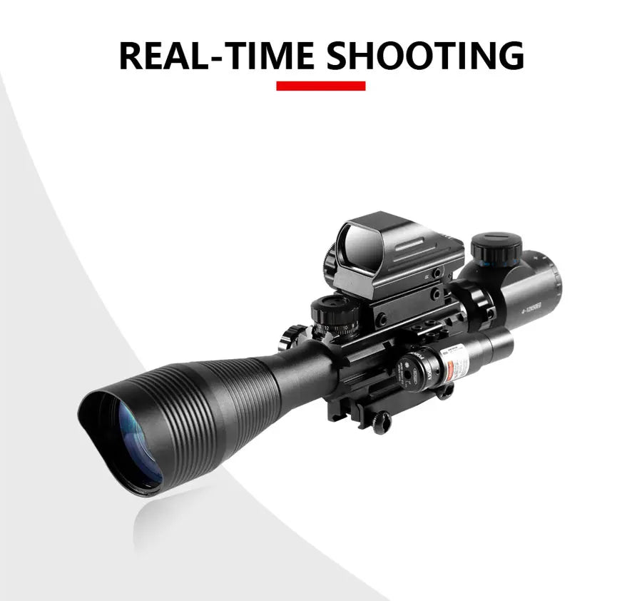 Lunette de Tir 4-12x50 avec Réticule Télémétrique Illuminé + Viseur Holographique 4 Réticules + Laser Rouge/Vert - Rail 20mm - BLACKBEARD OUTDOOR INDUSTRIES