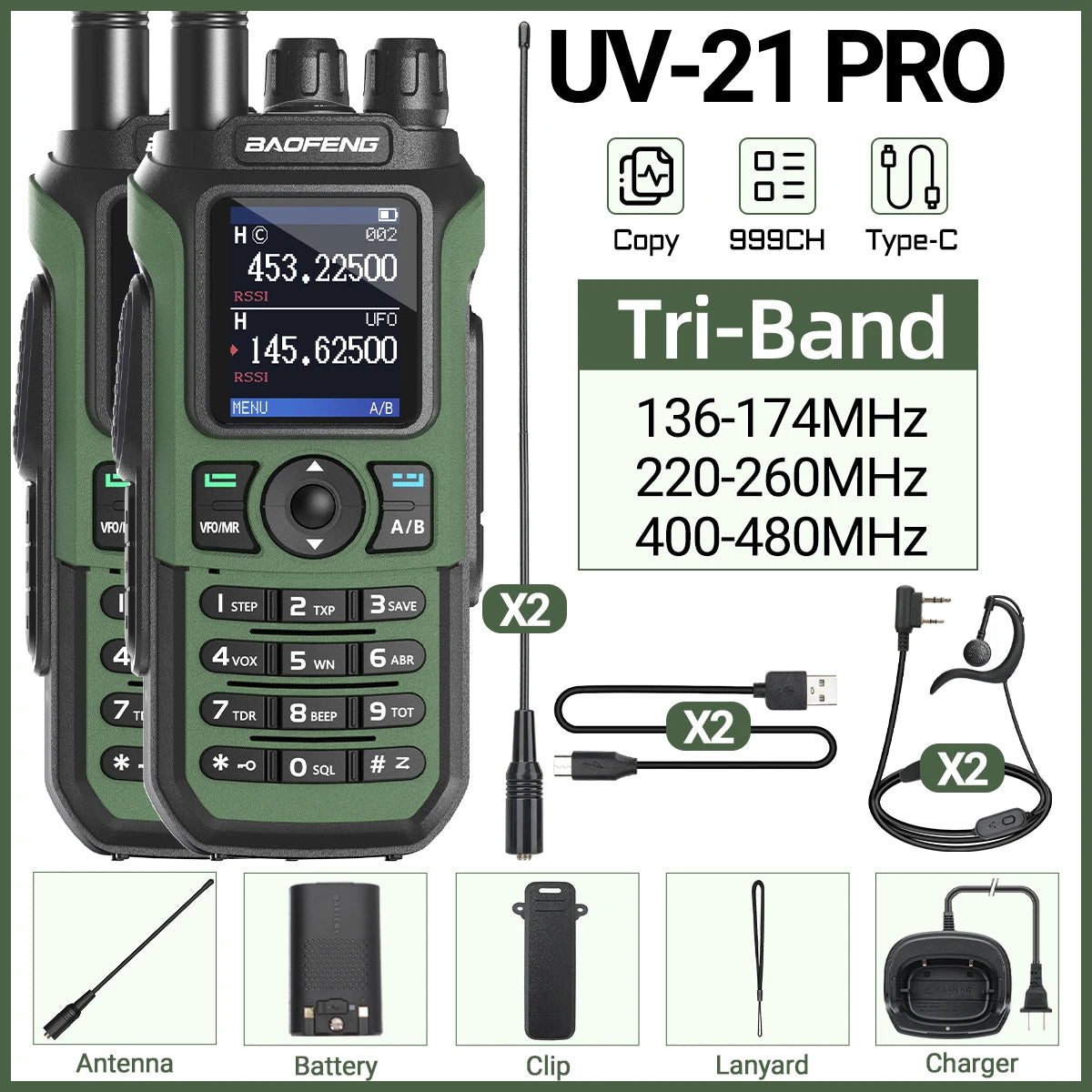 Lot de 2 Talkie-Walkies Baofeng UV-21 Pro V2 – Multi-bande, 999 Canaux, USB-C, Écran Couleur - BLACKBEARD OUTDOOR INDUSTRIES