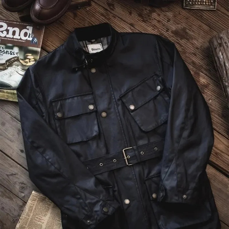 Men's Cargo Safari Oil Wax Jacket Waterproof England Casual Autumn Outwear Multi Pocket Corduroy Collar Wear Resistant Jackets BLACKBEARD OUTDOOR INDUSTRIES