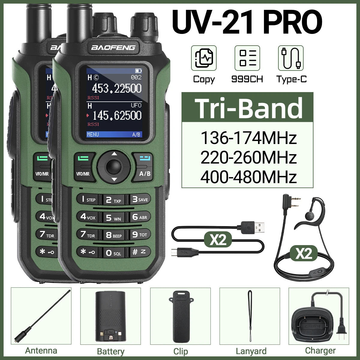 Lot de 2 Talkie-Walkies Baofeng UV-21 Pro V2 – Multi-bande, 999 Canaux, USB-C, Écran Couleur - BLACKBEARD OUTDOOR INDUSTRIES