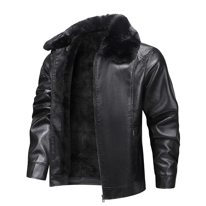 Winter Men Fleece Motor Biker Leather Jacket Man Lapel Thick Outwear Leather Coat Man Vintage Formal Fashion Leather Windbreaker BLACKBEARD OUTDOOR INDUSTRIES