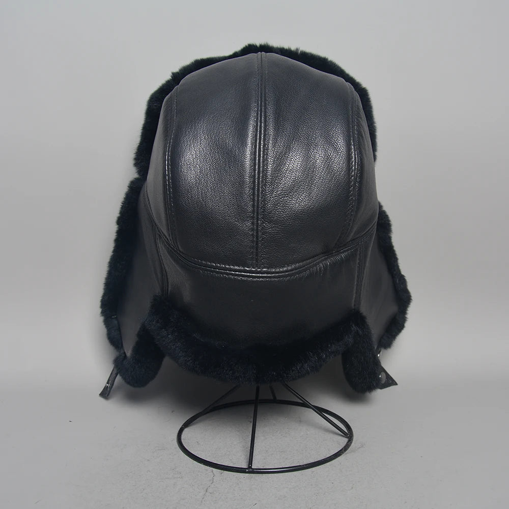 Chapka Bombardier Mixte en Véritable Fourrure de Lapin Rex et Cuir de Mouton – Modèle Ushanka Hiver - BLACKBEARD OUTDOOR INDUSTRIES