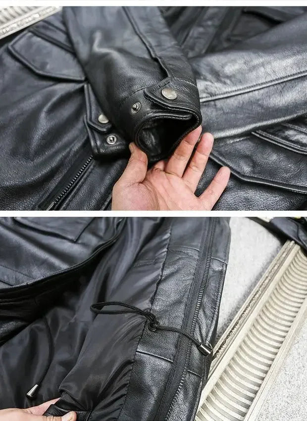 M65 Hunting100% Genuine Leather Jacket Men Cowhide Mid-length Multiple Pockets Coat Winter Autumn Windproof Motorcycle Outwear BLACKBEARD OUTDOOR INDUSTRIES
