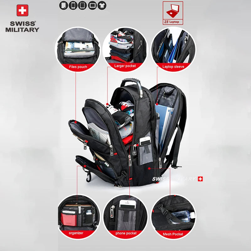 Sac à Dos SWISS 17" pour Ordinateur Portable - Imperméable, avec Port de Charge USB, Multifonction, Style Swiss - Sac de Voyage, de Randonnée et Scolaire - BLACKBEARD OUTDOOR INDUSTRIES