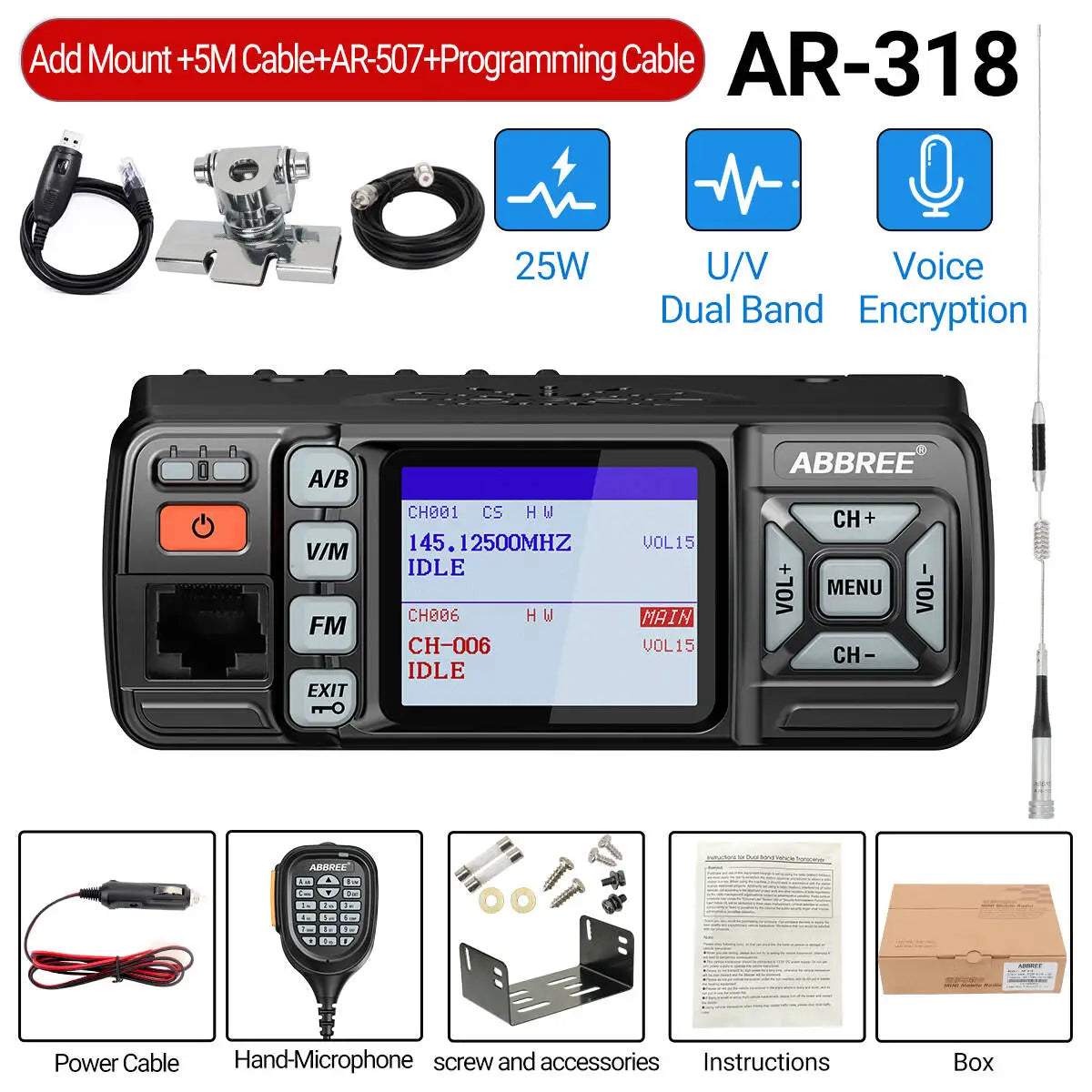 ABBREE AR-318 / AR-218 – Radio Mobile Portable VHF/UHF Double Bande 25W 128 Canaux - BLACKBEARD OUTDOOR INDUSTRIES
