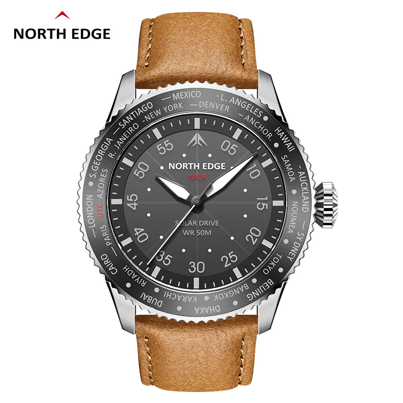 Montre Homme NORTH EDGE MACH 2024 – Solaire – Étanche 50M – Double Fuseau Horaire – Bracelet TPR & Nylon – Style Pilote - BLACKBEARD OUTDOOR INDUSTRIES
