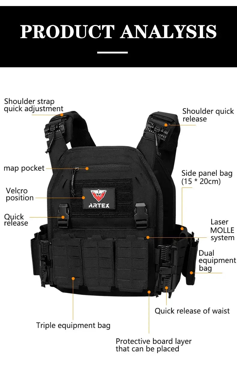Gilet Tactique ARTEX Plate Carrier – Dégrafe Rapide, Molle Laser Cut, 1000D Ma boutique