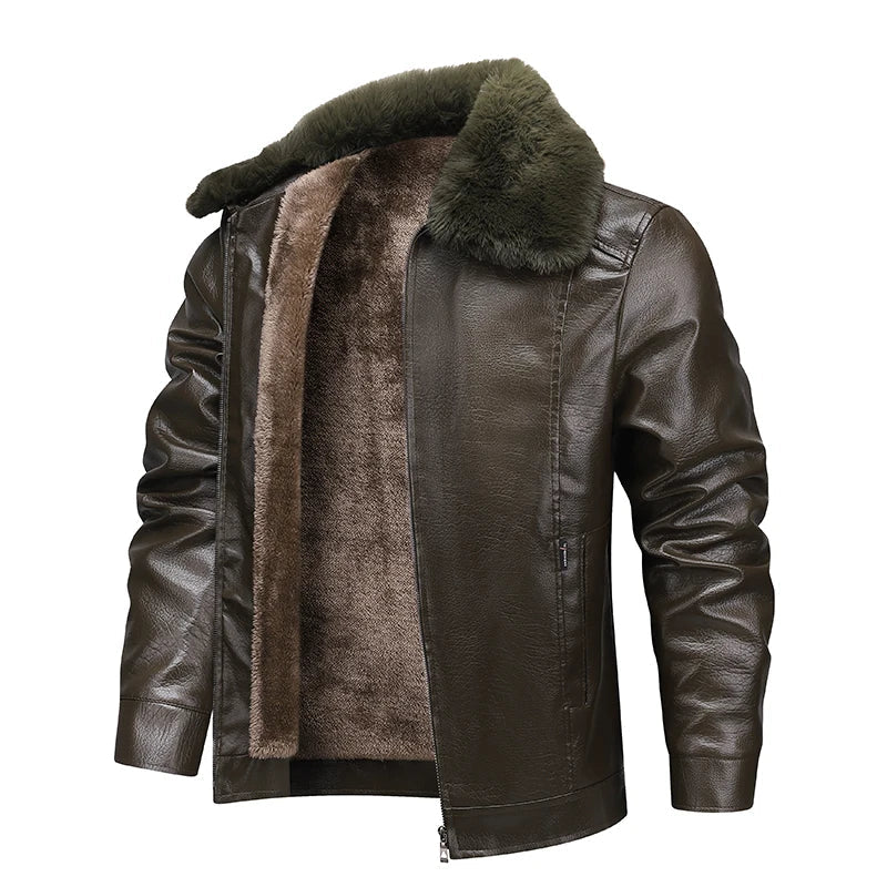 Winter Men Fleece Motor Biker Leather Jacket Man Lapel Thick Outwear Leather Coat Man Vintage Formal Fashion Leather Windbreaker BLACKBEARD OUTDOOR INDUSTRIES