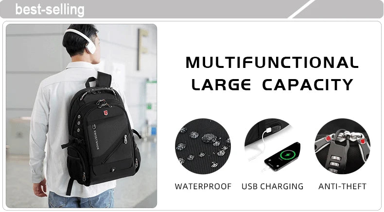 Sac à Dos Imperméable 20 pouces avec Port USB – Sac École et Voyage Antivol Unisexe à Haute Capacité - BLACKBEARD OUTDOOR INDUSTRIES