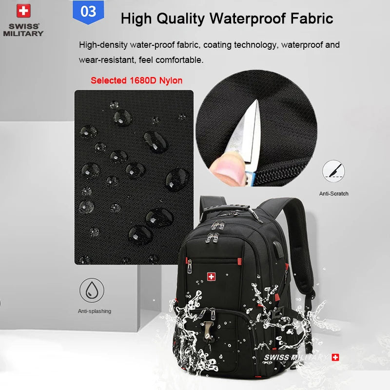 Sac à Dos SWISS 17" pour Ordinateur Portable - Imperméable, avec Port de Charge USB, Multifonction, Style Swiss - Sac de Voyage, de Randonnée et Scolaire - BLACKBEARD OUTDOOR INDUSTRIES