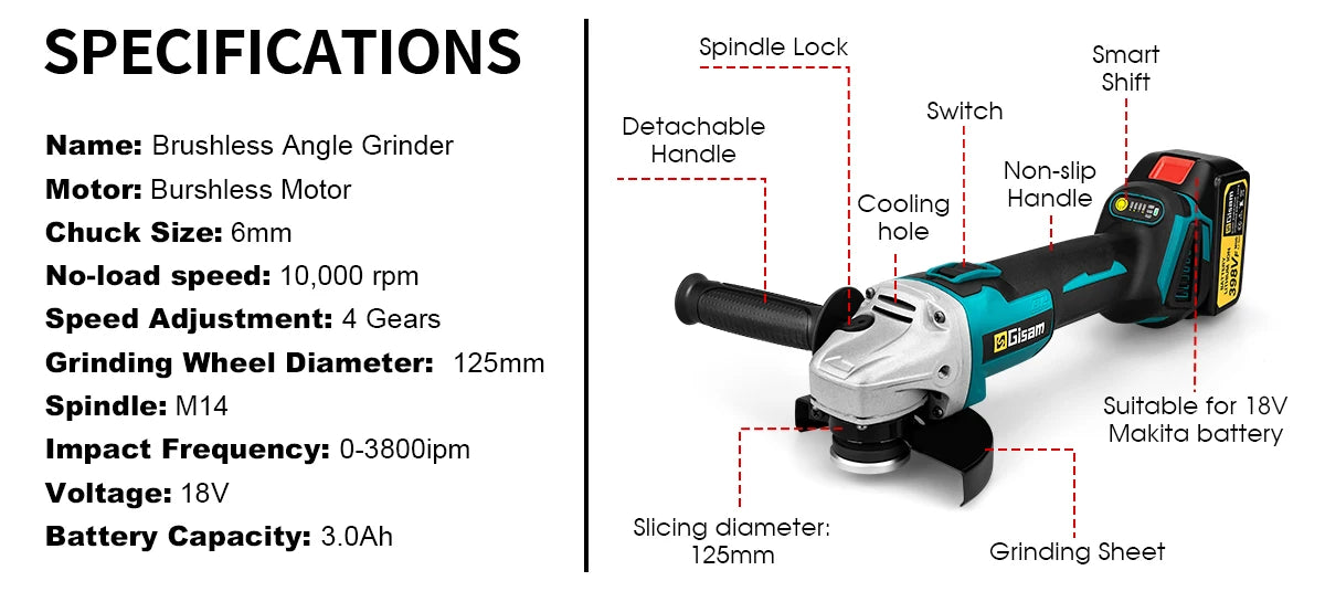 Meuleuse d’Angle Électrique Brushless 125 mm Gisam – Vitesse Variable – Compatible Batterie Makita 18V - BLACKBEARD OUTDOOR INDUSTRIES