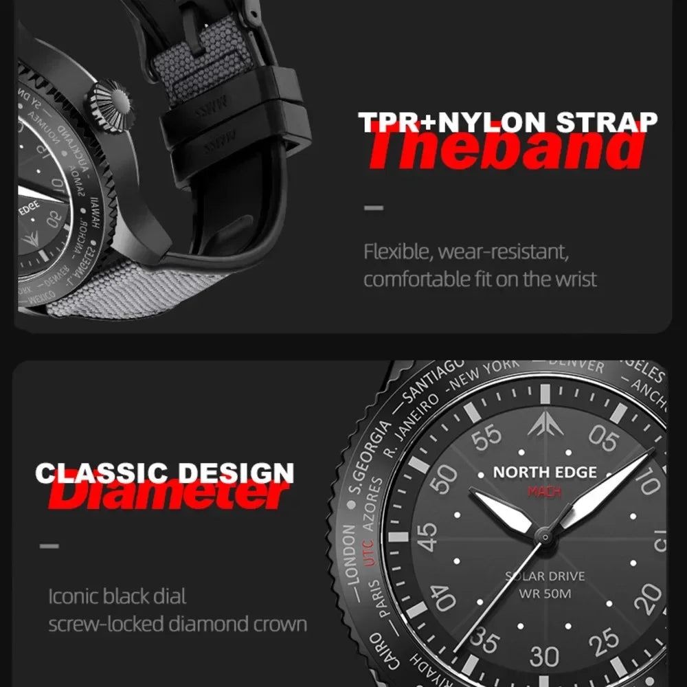 Montre Homme NORTH EDGE MACH 2024 – Solaire – Étanche 50M – Double Fuseau Horaire – Bracelet TPR & Nylon – Style Pilote - BLACKBEARD OUTDOOR INDUSTRIES