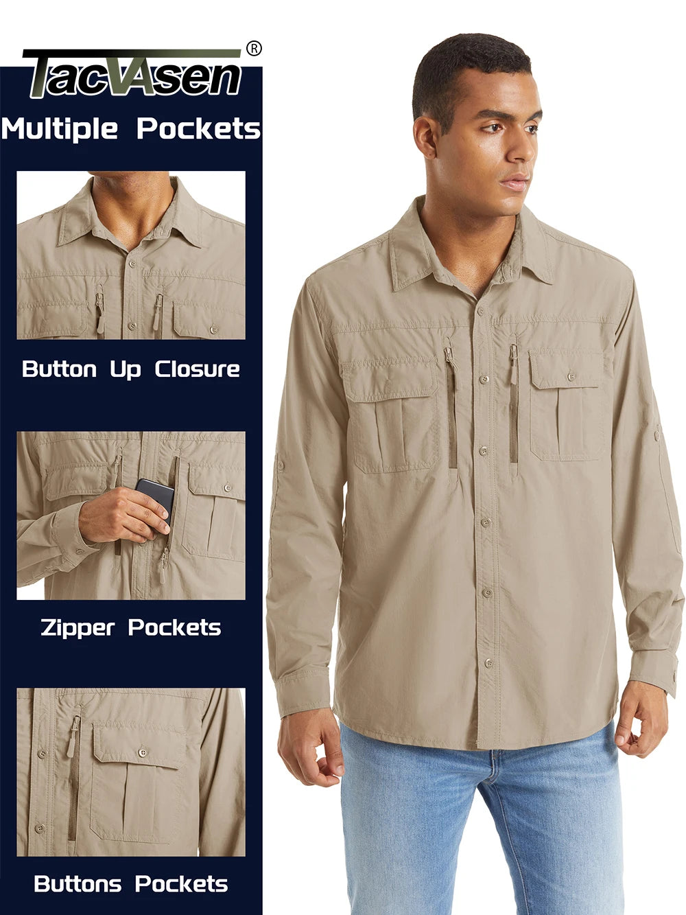 Chemise Cargo Homme TACVASEN – Respirante & Séchage Rapide Manches longues • Multi-poches • Randonnée, Pêche, Travail, Outdoor - BLACKBEARD OUTDOOR INDUSTRIES