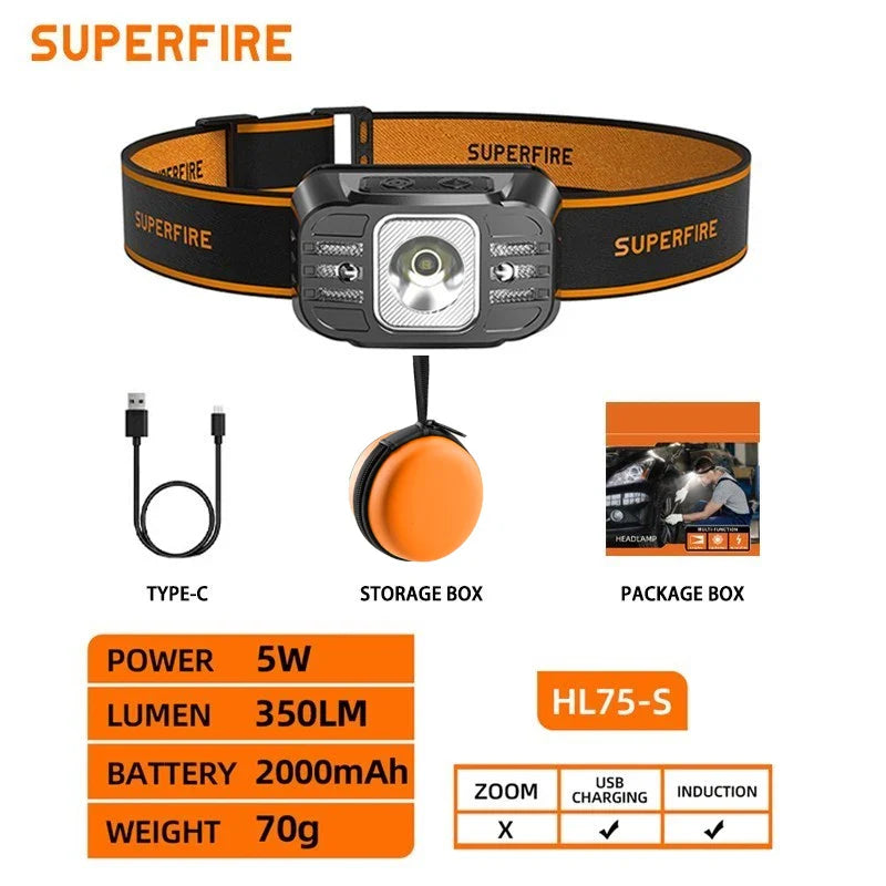 SUPERFIRE HL75 – Mini Lampe Frontale LED Rechargeable USB-C | Haute Puissance | Capteur de Mouvement | Étanche | 7 Modes | 70g Ultra Légère Ma boutique