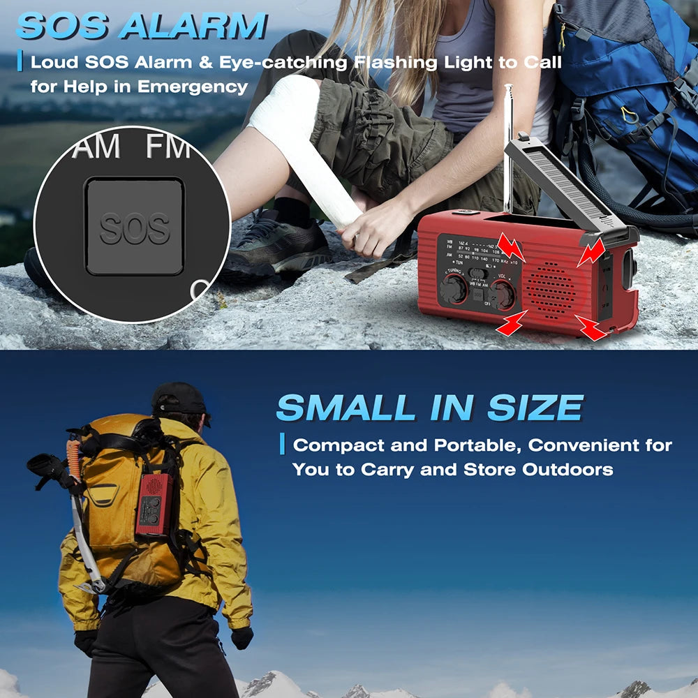 Radio Solaire Rechargeable avec Lampe d’Urgence – Radio AM/FM, LED, Recharge Manuelle et Solaire, Étanche IPX3 Ma boutique