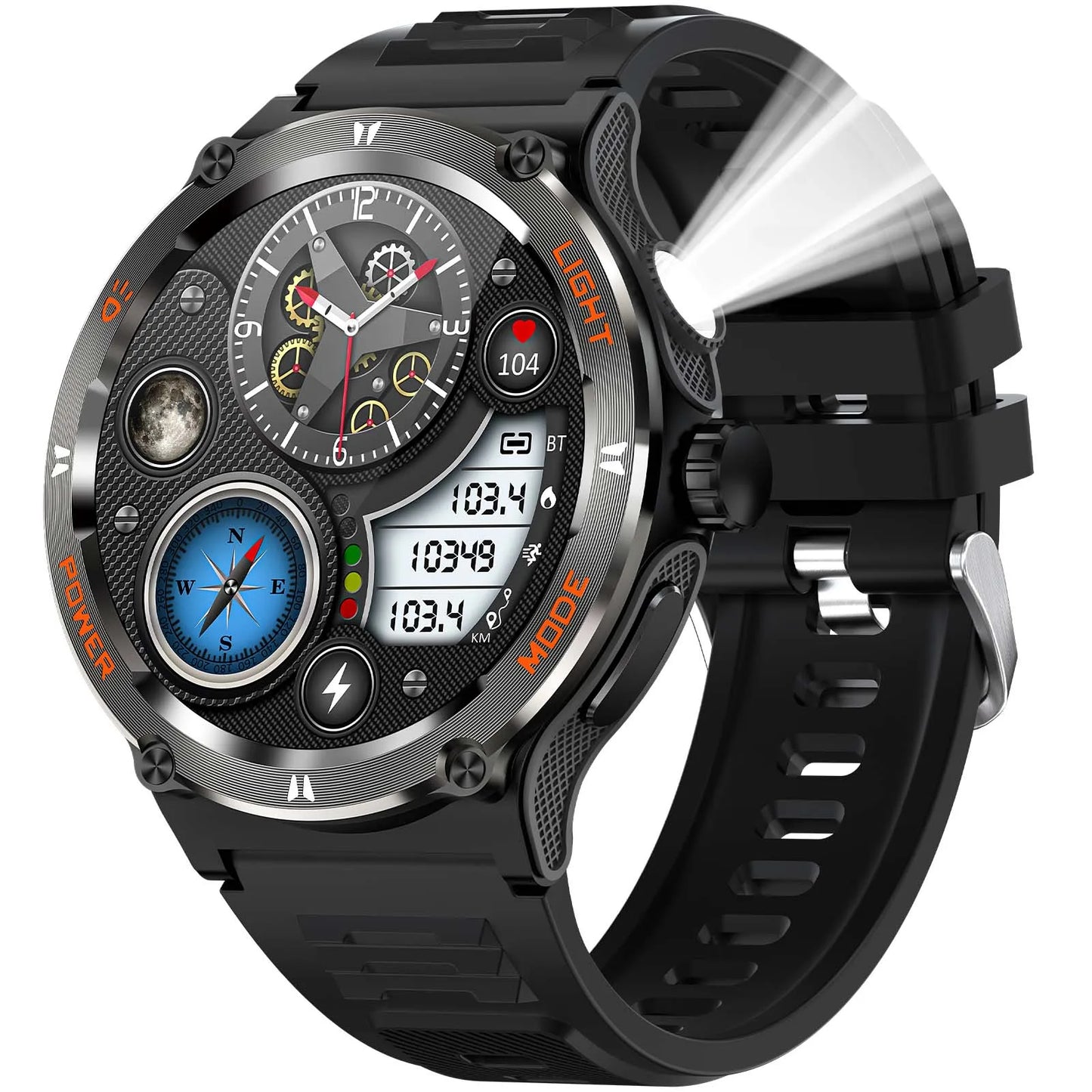KT76 – Montre Connectée Sport Homme avec Boussole, Lampe LED et Suivi Santé - BLACKBEARD OUTDOOR INDUSTRIES