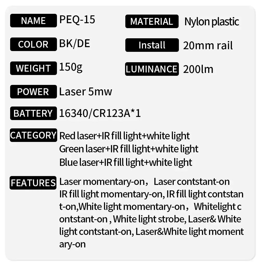 PEQ-15 Equipement Laser Puissant pour Airsoft – Laser Rouge/Vert/Bleu + IR Light + Flashlight M600C Ma boutique