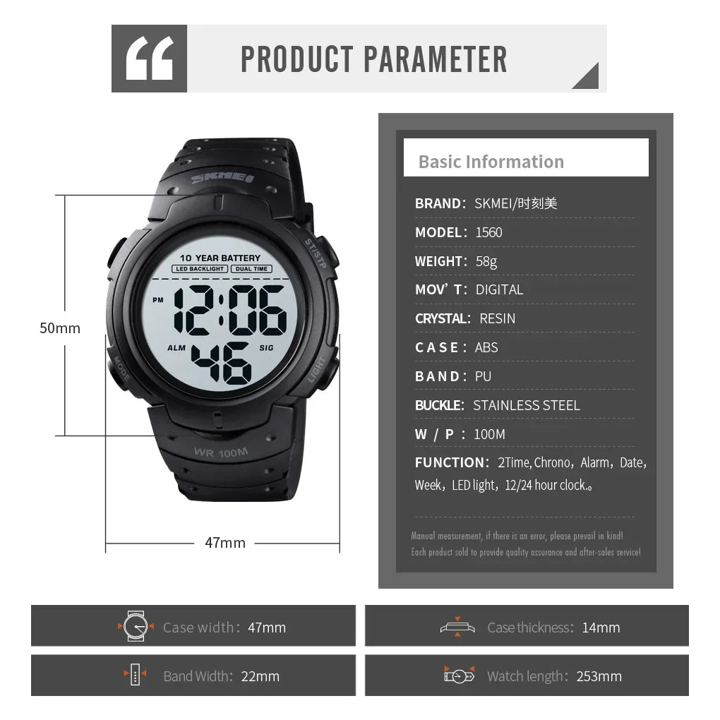 SKMEI 1560 – Montre Digitale Homme 100M Étanche - BLACKBEARD OUTDOOR INDUSTRIES