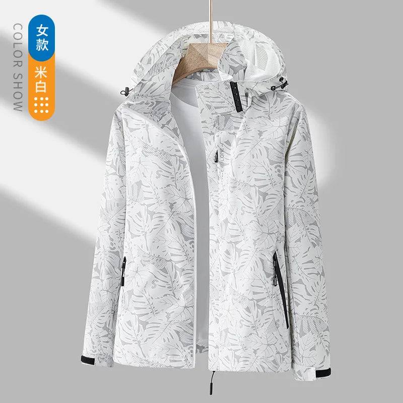 Veste de Sport pour Femme avec Imprimé Feuilles – Veste Outdoor Déperlant, Imperméable et Coupe-Vent avec Capuche Détachable – Idéale pour la Randonnée et les Activités de Loisirs - BLACKBEARD OUTDOOR INDUSTRIES