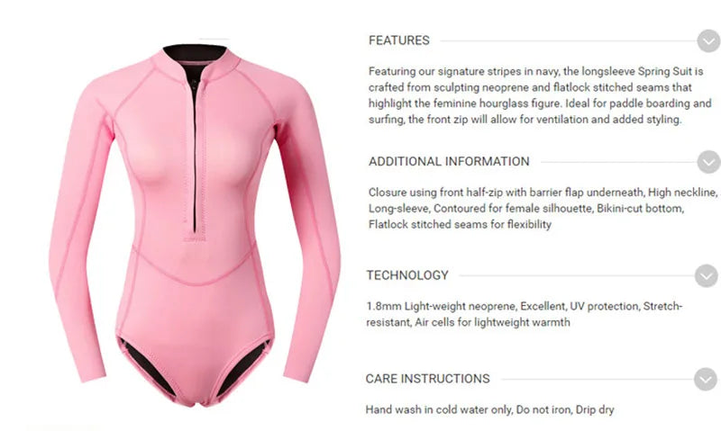 Combinaison Femme Néoprène 2 mm – Manches Longues Rose, Surf, Plongée, Snorkeling - BLACKBEARD OUTDOOR INDUSTRIES