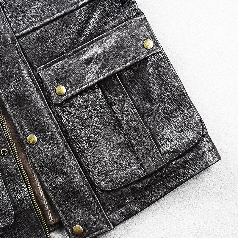 Brown Autumn Leather Jacket Men Safari Style Four Pockets Plus Size 5XL Natural Cowhide M65 Belt Genuine Leather Coat BLACKBEARD OUTDOOR INDUSTRIES