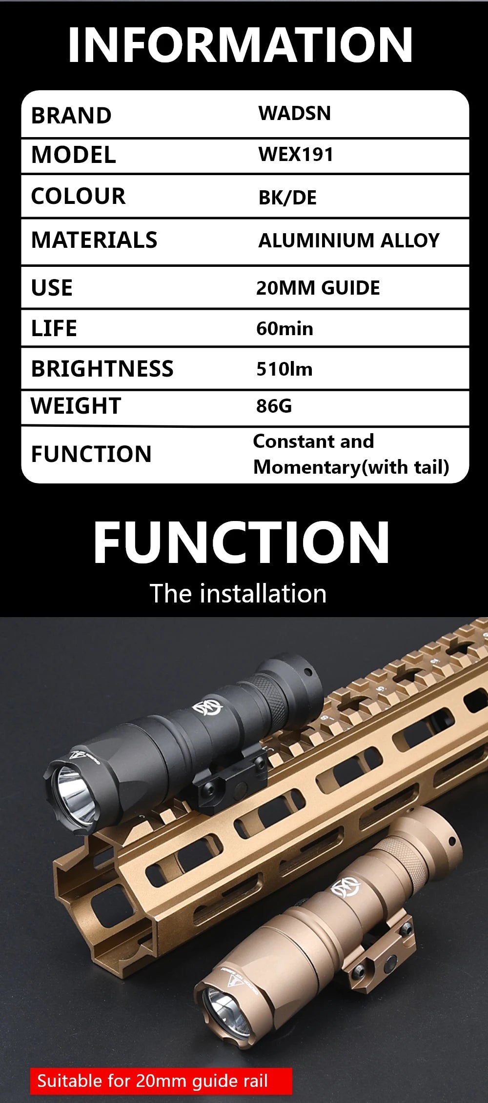 Lampe Tactique WADSN M300A – Mini Scout Light Type SureFire pour Rail 20mm - BLACKBEARD OUTDOOR INDUSTRIES