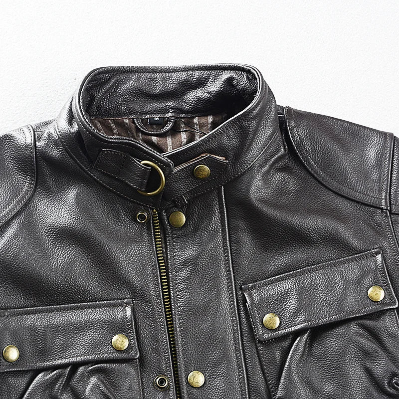 Brown Autumn Leather Jacket Men Safari Style Four Pockets Plus Size 5XL Natural Cowhide M65 Belt Genuine Leather Coat BLACKBEARD OUTDOOR INDUSTRIES