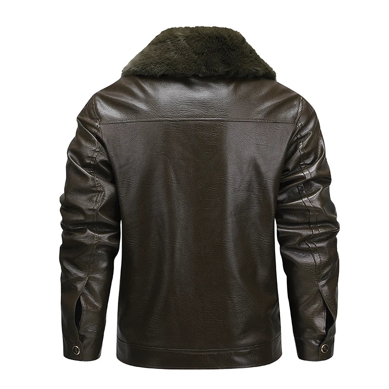 Winter Men Fleece Motor Biker Leather Jacket Man Lapel Thick Outwear Leather Coat Man Vintage Formal Fashion Leather Windbreaker BLACKBEARD OUTDOOR INDUSTRIES