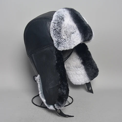 Chapka Bombardier Mixte en Véritable Fourrure de Lapin Rex et Cuir de Mouton – Modèle Ushanka Hiver - BLACKBEARD OUTDOOR INDUSTRIES