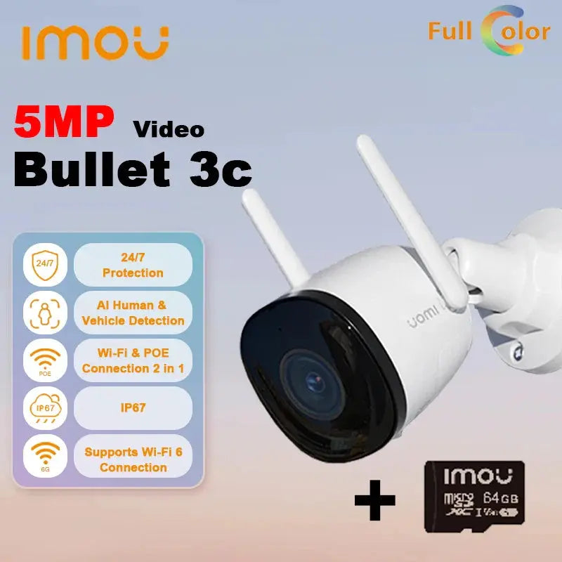 đ CamĂ©ra de Surveillance ExtĂ©rieure IMOU Bullet 3C â 5MP 3K UHD | WiFi 6 | DĂ©tection Humaine & VĂ©hicule | IP67 | Vision Nocturne Ma boutique