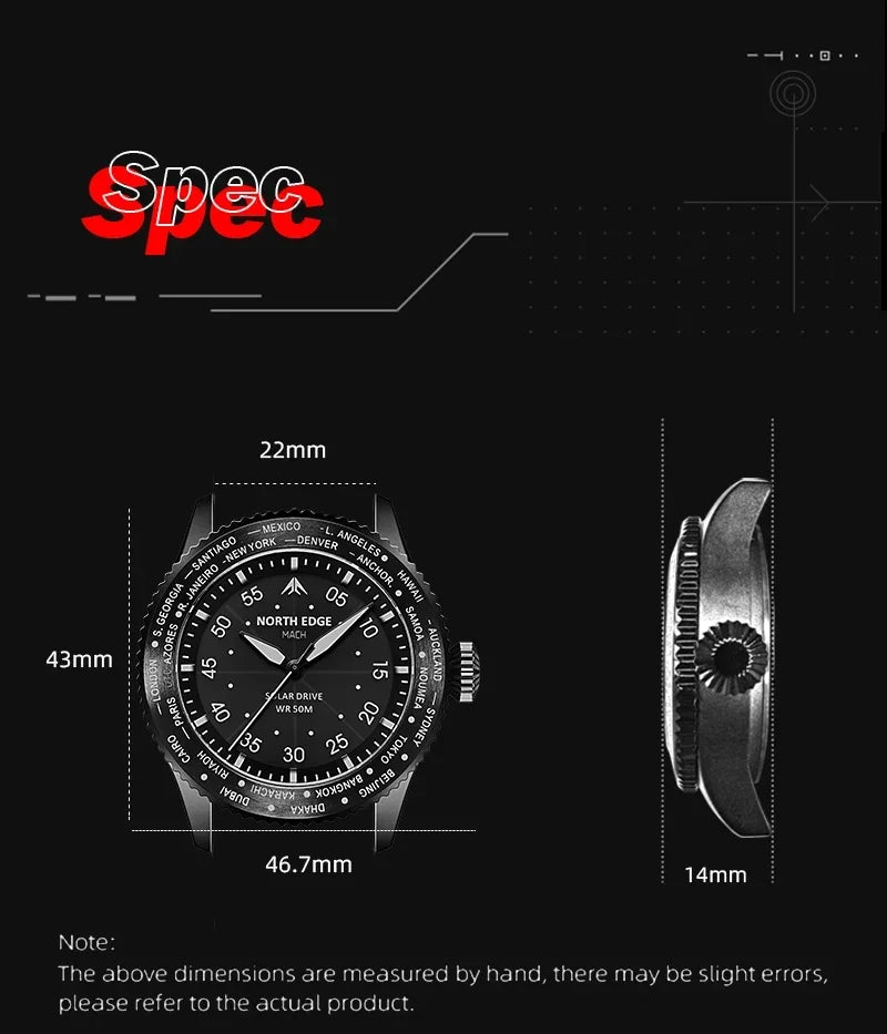 Montre Homme NORTH EDGE MACH 2024 – Solaire – Étanche 50M – Double Fuseau Horaire – Bracelet TPR & Nylon – Style Pilote - BLACKBEARD OUTDOOR INDUSTRIES