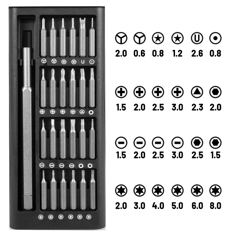 Suli Set de Tournevis de Précision Magnétique 25 en 1 / 63 en 1 – Kit Mini Outils Professionnel pour Réparation Téléphone, PC, Bricolage, avec Embouts Torx, Hex, et Plus - BLACKBEARD OUTDOOR INDUSTRIES