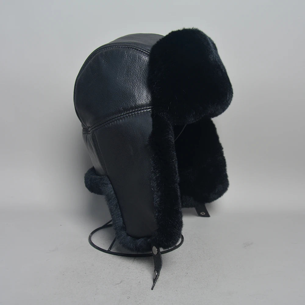 Chapka Bombardier Mixte en Véritable Fourrure de Lapin Rex et Cuir de Mouton – Modèle Ushanka Hiver - BLACKBEARD OUTDOOR INDUSTRIES