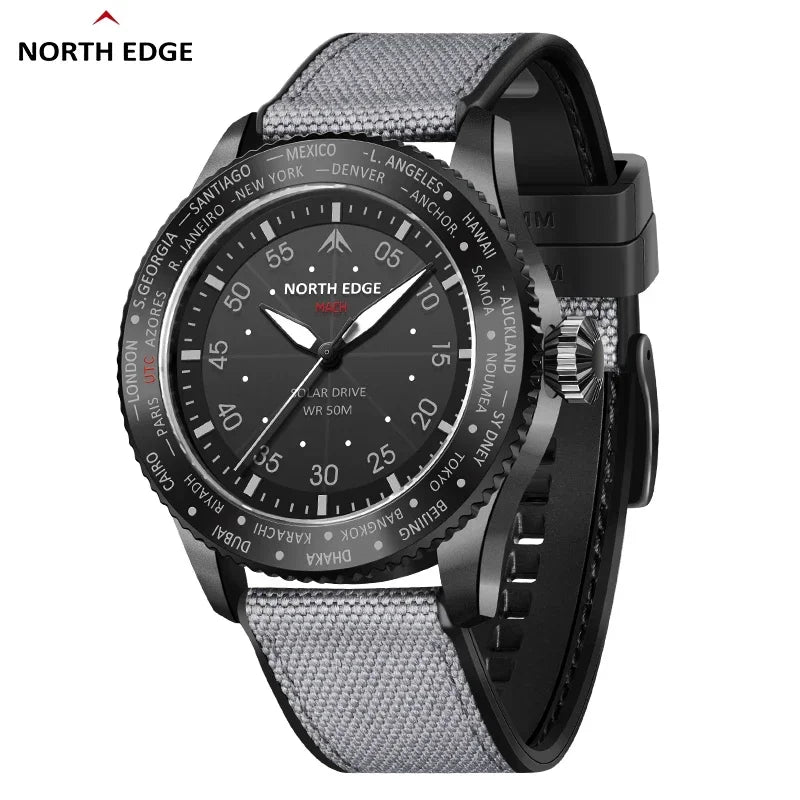 Montre Homme NORTH EDGE MACH 2024 – Solaire – Étanche 50M – Double Fuseau Horaire – Bracelet TPR & Nylon – Style Pilote - BLACKBEARD OUTDOOR INDUSTRIES