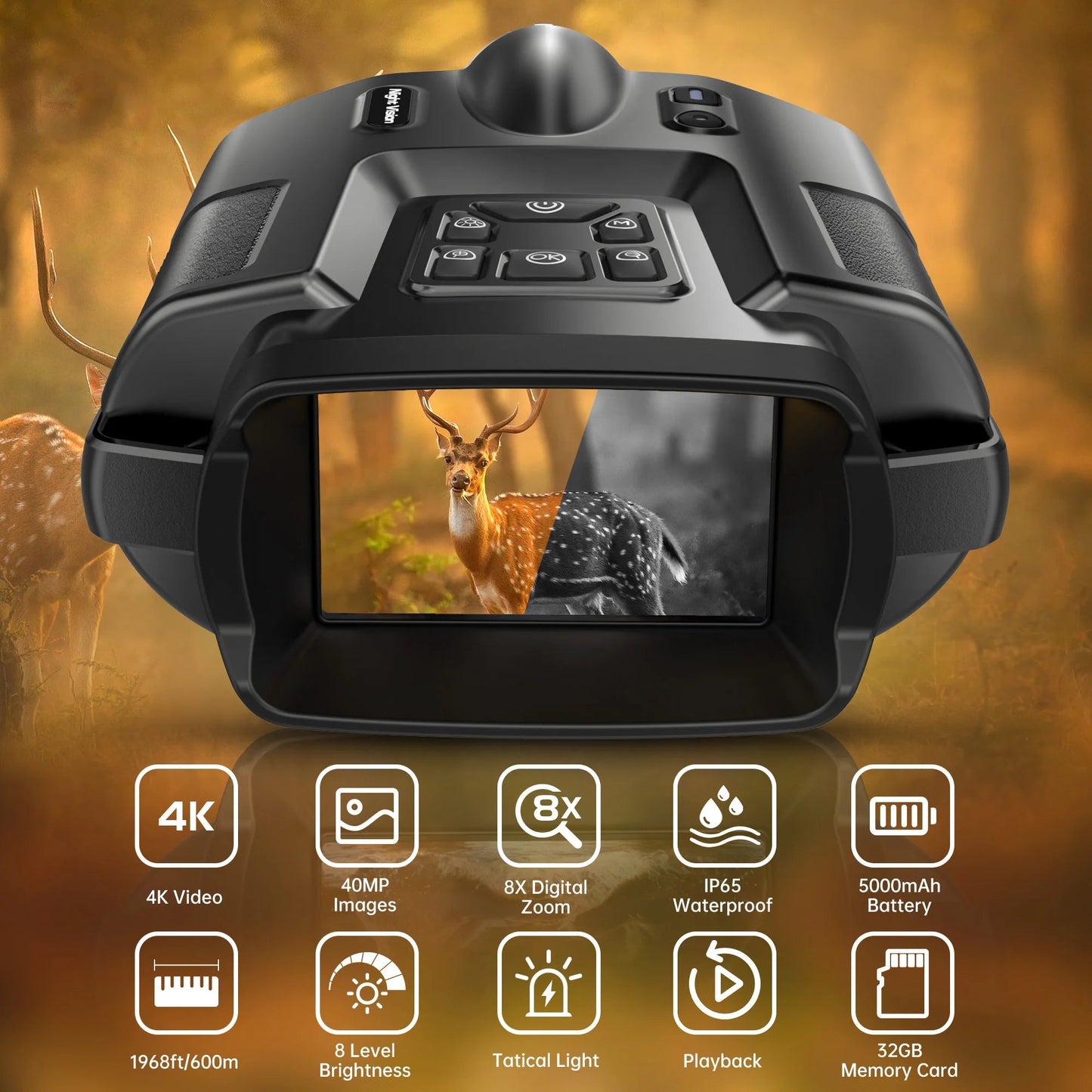 Jumelles de Vision Nocturne 4K avec Écran 3” – Zoom Digital 8X, 32GB, IR, Batterie 5000mAh, IP65 Ma boutique