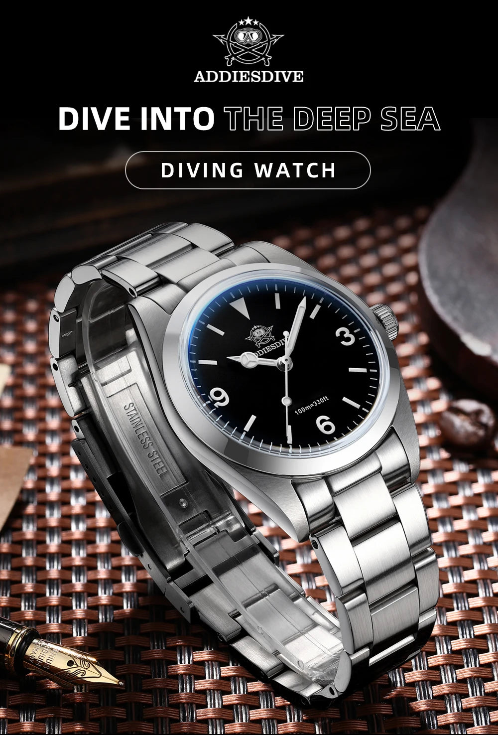 Montre Homme ADDIESDIVE AD2023-1 – Quartz Japonais VH31 – Étanche 100M – Verre Saphir Bulle – Style Business/Diver - BLACKBEARD OUTDOOR INDUSTRIES