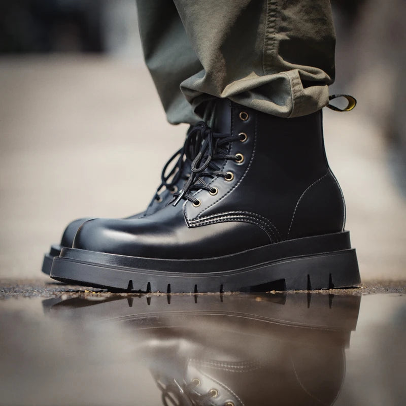 Maden Men's Handmade Cowboy Boots Black Motorcycle Boot British Split Leather TPR Sole Work Safety Boot Mid Outside Shoes BLACKBEARD OUTDOOR INDUSTRIES