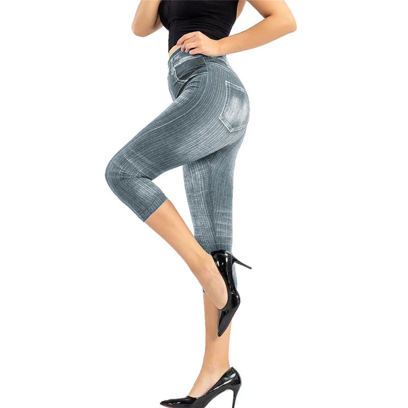 Leggings Femme Imprimé Jean — Style Slim, Extensibles, Faux Denim, Long ou Court, Été - BLACKBEARD OUTDOOR INDUSTRIES