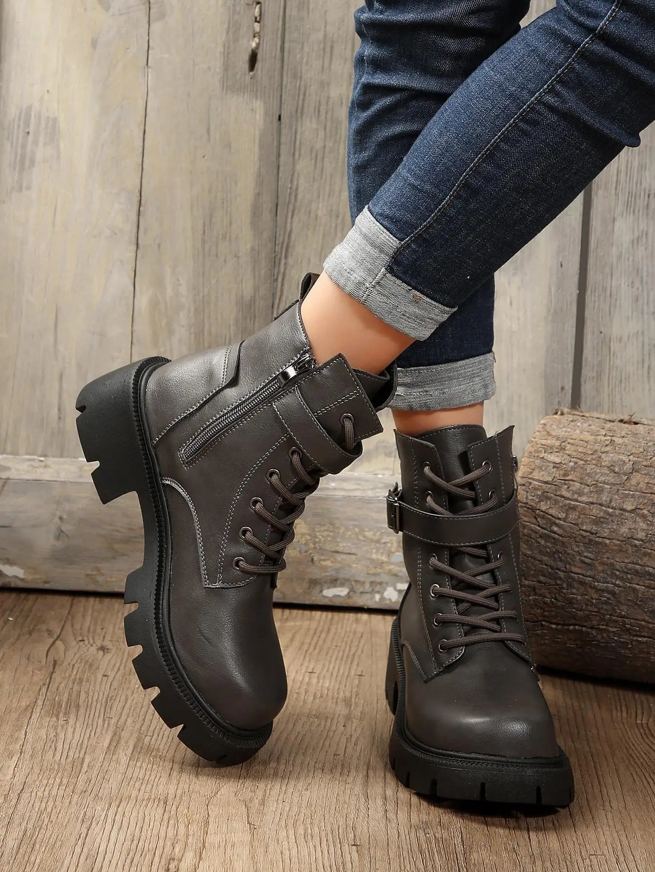 Bottines Femme à Talon Épais – Bottes Combat à Lacets & Fermeture Éclair – Style Punk Rock avec Boucle Ceinture – Pointure Jusqu’au 43 - BLACKBEARD OUTDOOR INDUSTRIES