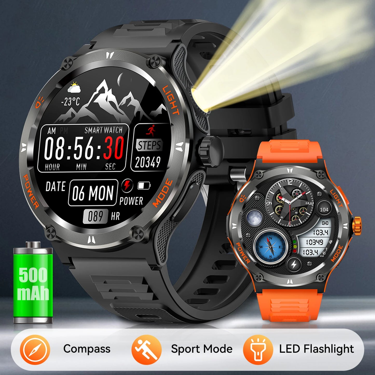 KT76 – Montre Connectée Sport Homme avec Boussole, Lampe LED et Suivi Santé - BLACKBEARD OUTDOOR INDUSTRIES
