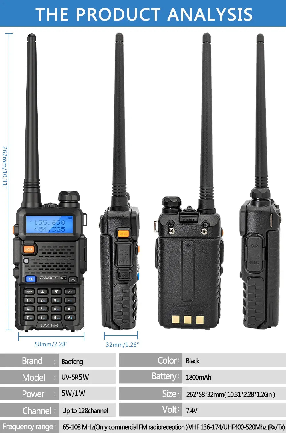 Baofeng UV-5R – Radio Bi-Bande VHF/UHF | 128 Canaux, Jusqu'à 15 km de Portée, Lampe LED et FM Ma boutique
