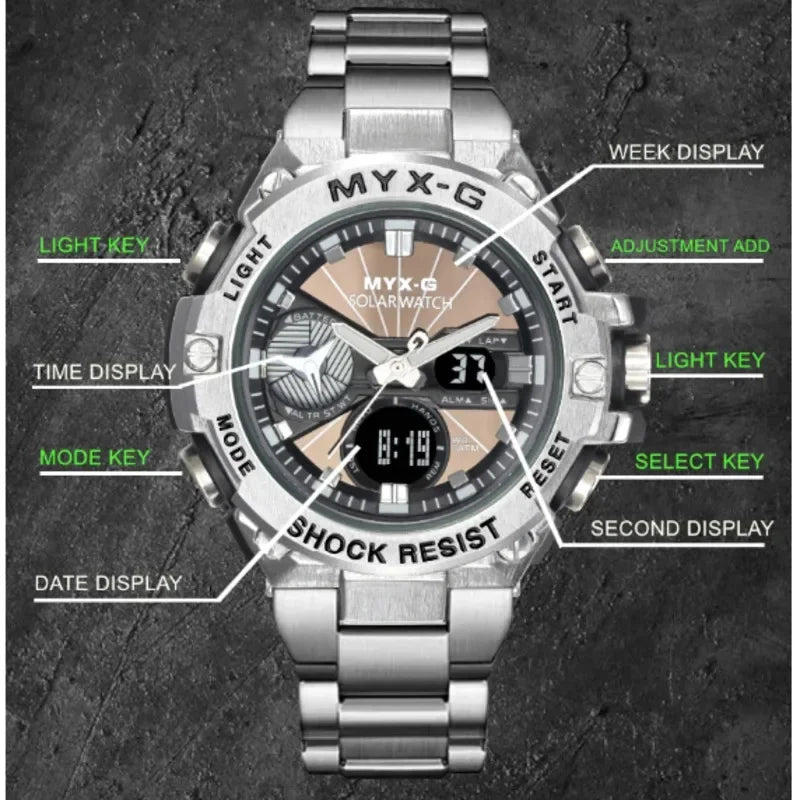 Montre Homme Énergie Solaire STRYVE – Style Acier Inoxydable – Double Affichage Analogique & Digital – Multifonction – Étanche 50M - BLACKBEARD OUTDOOR INDUSTRIES