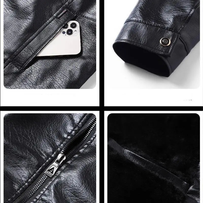 Winter Men Fleece Motor Biker Leather Jacket Man Lapel Thick Outwear Leather Coat Man Vintage Formal Fashion Leather Windbreaker BLACKBEARD OUTDOOR INDUSTRIES