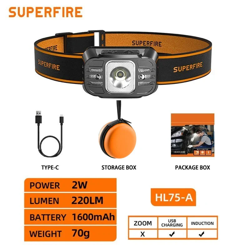 SUPERFIRE HL75 – Mini Lampe Frontale LED Rechargeable USB-C | Haute Puissance | Capteur de Mouvement | Étanche | 7 Modes | 70g Ultra Légère Ma boutique